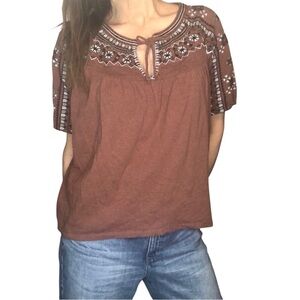 Lucky Brand Embroidered Blouse Top Brown Sz M Peasant Western Boho Casual Cotton